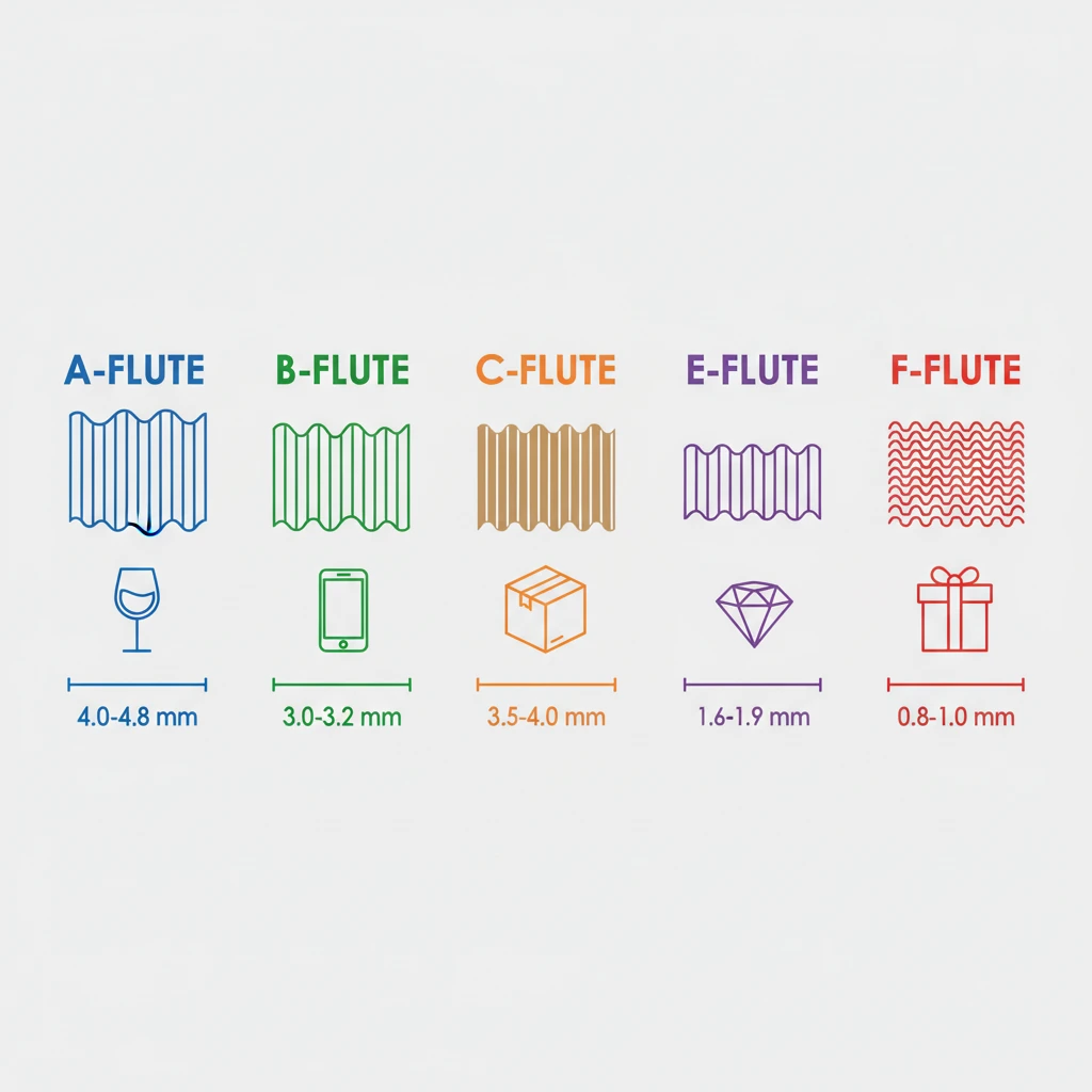 Visual comparison of 5 corrugated flute types (A, B, C, E, F) showing wave heights and applications for each flute category