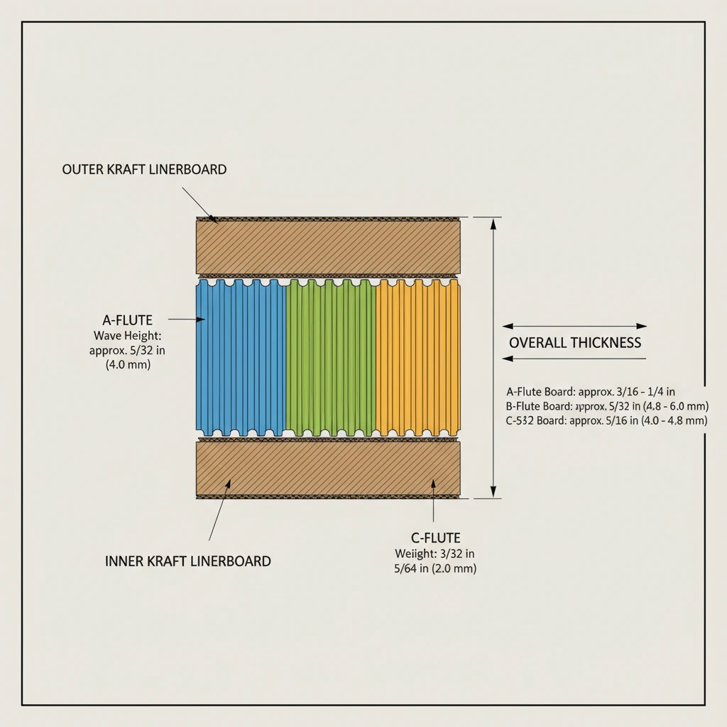 Cross-section diagram showing corrugated box layers including outer liner, corrugated medium with different flute types (A, B, C), and inner liner with measurements