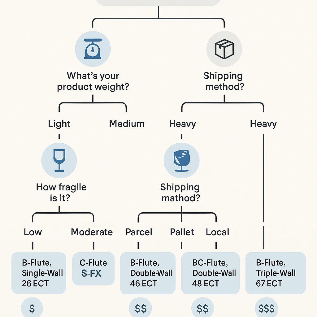 Decision tree flowchart for selecting correct corrugated box type based on product weight, fragility level, and shipping method
